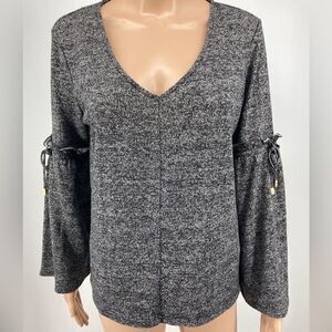 Ellen Tracy Collection Grey Knit Blouse Bell Sleeve with Gold Logo Size L